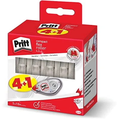 Imagen de Pritt Compact Flex 2382016 Rodillo corrector, fácil de usar, con punta flexible, longitud cinta 10 m, ancho 4,2 mm, 5 unidades, color blanco