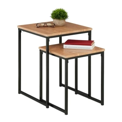 Imagen de Relaxdays Mesas Auxiliares, Pack de 2, Mesitas Salón, Diseño Nido, 2 Tamaños y Apilables, Metal, Marrón Claro Negro, Hierro, 54 x 40 cm