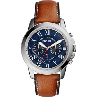 Imagen de Fossil Reloj para hombre Grant, movimiento cronógrafo de cuarzo, caja acero inoxidable plateado 44 mm con correa piel, FS5210