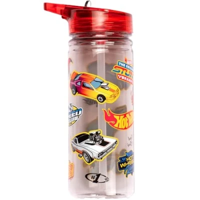 Imagen de Hot Wheels botella de agua con pajita 580 ml, 100% a prueba fugas, duradera, escolar, plástico resistente y libre BPA, color negro