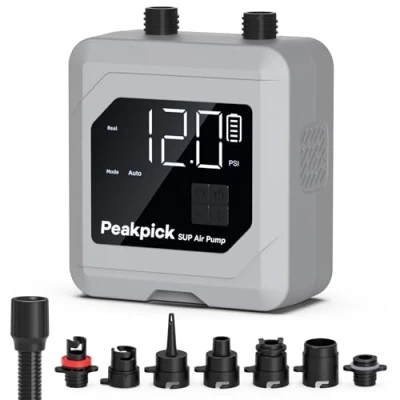 Imagen de Peakpick bomba eléctrica de tabla remo 20 PSI, funciona con pilas recargables, inflado y desinflado inteligente doble etapa, aire SUP apagado automático para tablas remo,