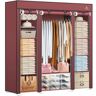 Imagen de KESSER® armario de tela estable con barra y estantes, incluye 5 perchas, plegable para dormitorio, vestidor perchero, 150 x 45 175 cm, color rojo burdeos