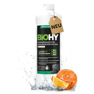 Imagen de BiOHY Limpiador de suelos para robot limpieza con aroma a naranja (botella 1 l), concentrado todos los robots función húmeda, sin espuma y rayas,