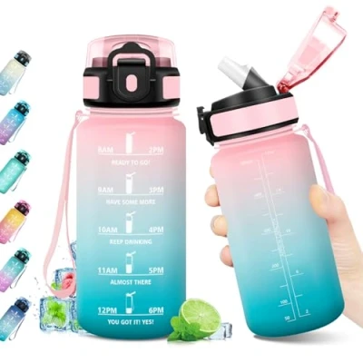 Imagen de Cantimplora 500ml, Botella de Agua con Pajita, Garrafa Marca Tiempo, Gym sin BPA, Reutilizable, Motivacional para Niños, Adultos, Running, Deporte, Bicicleta, Oficina,