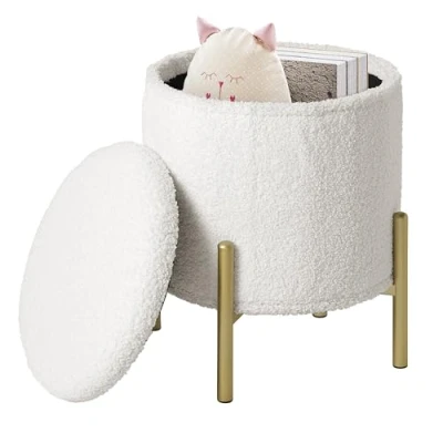 Imagen de eSituro Taburete Almacenaje Redondo, 18L Baul Plegable con Asiento Tapizado en Felpa, Bajo Almacenamieto, Reposapiés de Sofá y Cama, Patas Metal, φ35x H41 cm, Blanco