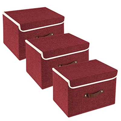 Imagen de TYEERS Cajas de Almacenaje con Tapa, Tela, Lavable, Organizadoras, 38x25x25 cm, Juego 3, Vino Tinto