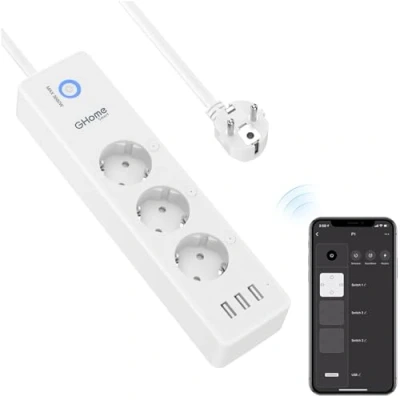 Imagen de Regleta conectada WiFi, Inteligente 3 Tomas 16A y USB, medición de Consumo energía, Compatible con Alexa Google Home, función Temporizador, 1,5 m, 2,4 GHz