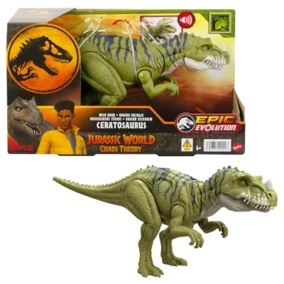 Imagen de Mattel Jurassic World: Teoría del Dinocaos Netflix Dinosaurio Ceratosaurus verde rayado, rugido salvaje, juguete con sonidos +4 años (HTK74)