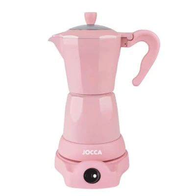 Imagen de Jocca Cafetera italiana eléctrica rosa 6 tazas Base giratoria 360º Sistema mantiene caliente Asa toque frío 480W sin cables