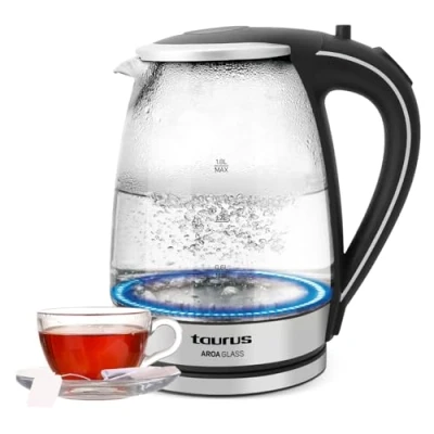 Imagen de Taurus Aroa Glass Kettle. Hervidora de agua. 2200W. 1,8L capacidad. Cuerpo cristal. Resistencia oculta. Filtro en la tapa. Acero inoxidable. Giro 360º. Iluminación led base. Negro