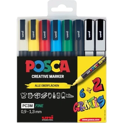 Imagen de Faber Castell uni ball 186825 Juego de rotuladores POSCA, estuche 8 acrílicos PC 3M, 0,9 1,3 mm, 6 colores estándar + 2 especiales alternados