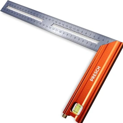 Imagen de Presch Escuadra de carpintero 300mm Mediano Incluye Regla trazado (30cm), nivel burbuja y punzón marcado 90 45 Carpintero, albañil, con tope