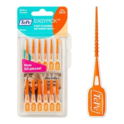 Imagen de palillos de dientes TePe EasyPick, naranja, ISO XS S, 60 ud., herramienta para eliminar placa dental, limpieza interdental fácil y eficiente, espacios estrechos