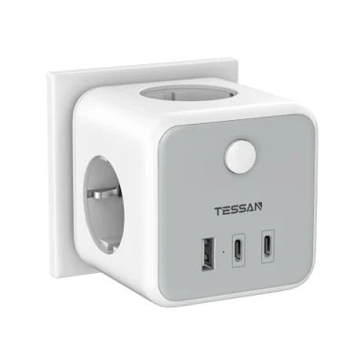 Imagen de TESSAN Enchufe USB C, 6 en 1 Ladron Enchufes con 3 Tomas CA, Multiple 2 Tipo C Puertos, Cubo Interruptor, Regleta Pared Compatible Pad Phone para Cocina Oficina