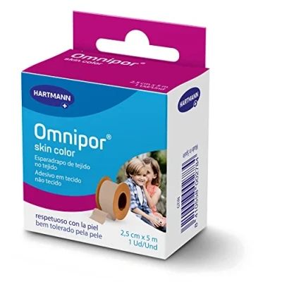 Imagen de Omnipor, Esparadrapo de Tela Resistente, Pre Tape para la Sujeción Apósitos y Vendajes, Espadrapo Hipoalargénico Resistente al Agua, Cinta Quirurgica, Color Carne (2,5cm x 5m)