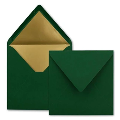 Imagen de 25 sobres cuadrados de 15,5 x cm, verde oscuro, forrados con papel dorado, adhesivo húmedo, FarbenFroh by GUSTAV NEUSER
