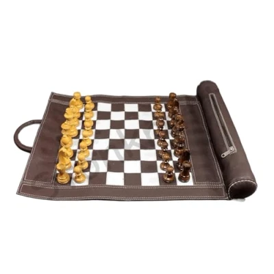 Imagen de StonKraft 19&quot; x 15&quot; (tamaño del tablero de ajedrez 12&quot; 12&quot;) Juego cuero genuino enrollable con piezas madera Color marrón Viene una bolsa transporte innovadora