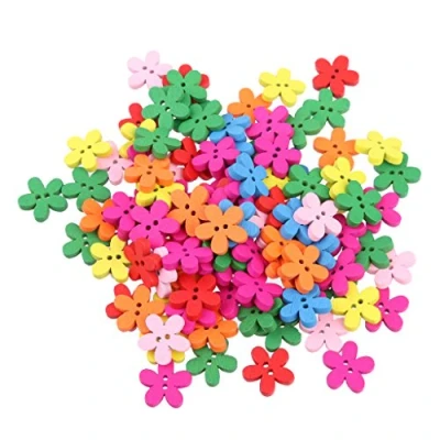 Imagen de Set de 100 botones madera en forma flor para labores costura y manualidades, 15 mm, colores surtidos
