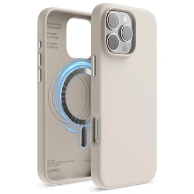 Imagen de elago Funda Magnética Silicona Compatible con para iPhone 16 Pro MAX 6.9 Pulgadas Todos los Accesorios MagSafe Imanes Integrados, de Agarre Suave (Stone)