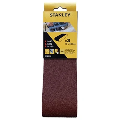 Imagen de Stanley STA33206 XJ Juego de bandas lijado (75 x 533 mm, K60, 1 K80, K100, compatible con lijadoras Black &amp; Decker, BD75E, KA75E, KA88)