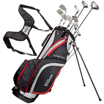 Imagen de Amazon Exclusive Wilson, Set completo para principiantes, 10 palos de golf con bolsa transporte, Hombre (mano izquierda) Stretch XL, Negro/Gris/Rojo, WGG157550