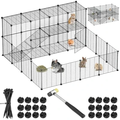 Imagen de BAKAJI Recinto para Animales de pequeño tamaño, Personalizable Metal, Valla componible cobayas, hámsteres, Conejos, Chinchillas, Interiores y Exteriores, 143 x 71 46 cm, 2 Pisos