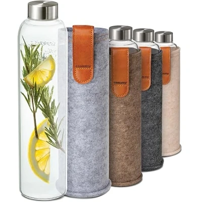 Imagen de Cosumy Botella para Agua de Cristal con Funda Fieltro 750ml Apta Lavavajillas Sin Fugas BPA Bebidas Gas (Beige)