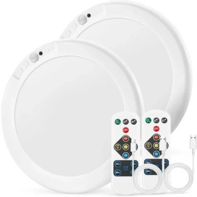 Imagen de Bojim Lampara de Techo con Sensor Movimiento, LED Plafon Recargable Sin Cable Pilas Luz, Detector Lámpara Bateria USB, Plafón para Baño Interior Exterior Garaje Cocina, Mando, 2 Paquetes