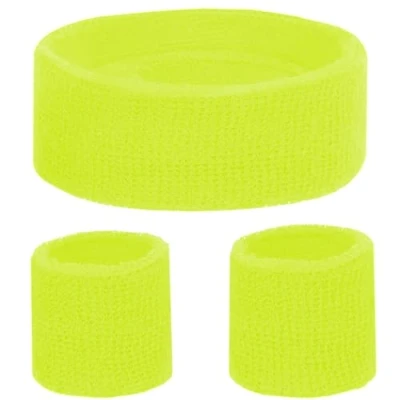 Imagen de KarneLux Juego de bandas para el sudor neón, estilo retro los años 80 y 90, accesorios vokuhila con pulseras diadema, accesorio disfraz hombre mujer (amarillo neón)