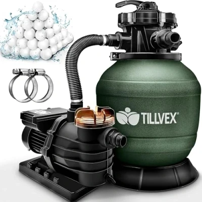 Imagen de tillvex Depuradora de Agua para Piscina 10 m3/h + 800g Bolas Filtro 7 Funciones Filtrado Bomba Arena con Válvula (Verde)
