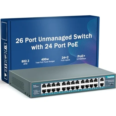 Imagen de YuanLey 26 Port PoE Switch, 24 PoE+ 100Mbps, 2 Uplink Gigabit, 802.3af/at 400W de Alta Potencia, Montaje en Bastidor no Administrado Plug and Play