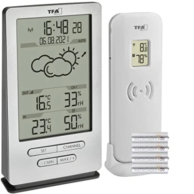 Imagen de TFA Dostmann Estación meteorológica inalámbrica Xena, 35.1162, con sensor exterior, temperatura interior y pronóstico del tiempo, incluye radio, humedad, para colocar colgar (plata