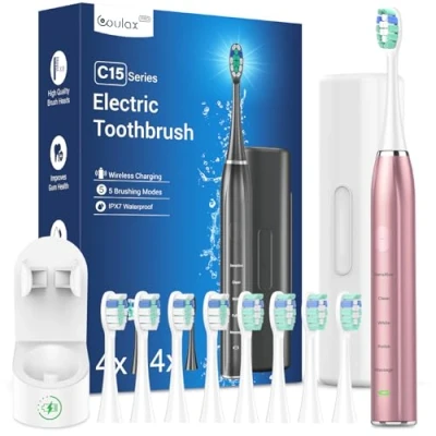 Imagen de cepillo de dientes eléctrico Sonic COULAX Viaje sónico, Shcall Electric Toothbrush con 8 cabezales, 5 modos, temporizador cable, oro