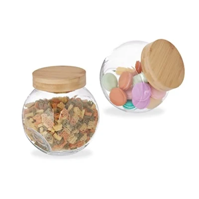 Imagen de Relaxdays Caramelo Botes Cristal Tapa de Bambú, Set 2, Tarros Almacenaje, para Mesas Chuches, 1,5 L, Transparente/Natural