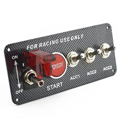 Imagen de CENPEK Panel de Interruptor Encendido DC 12 V, botón Arranque Motor Coche Fibra Carbono, Palanca LED 5 en 1 para Carreras
