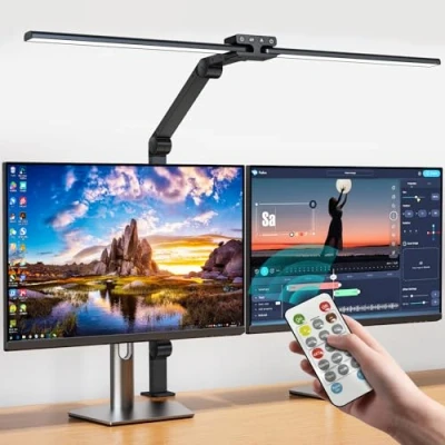 Imagen de KableRika 24W Lámpara de Escritorio con mando a distancia, 80cm Flexo LED Doble Cabezal, luz Arquitecto Regulable, monitor Temporizador, 1200lm para Oficina en el Hogar Negro