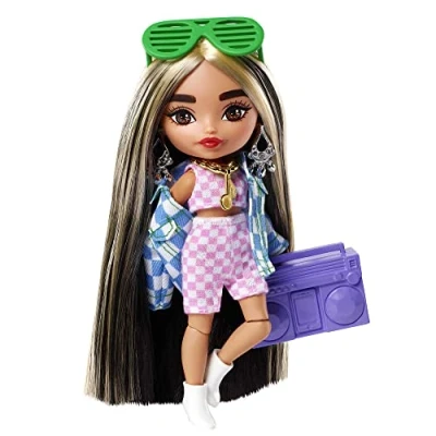 Imagen de Barbie Extra Mini Muñeca pequeña articulada, Pelo Largo y Accesorios de Moda Juguete, con Chaqueta Cuadros (Mattel HGP64)