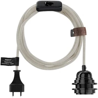 Imagen de Hoopzi Bala Portalamparas E27 con Enchufe y interruptor Cable Electrico Trenzado en Lin 36 Colores 4,5 Metros