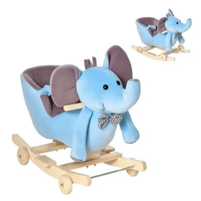 Imagen de HOMCOM Caballito Balancín con Ruedas Forma de Elefante Caballo para Bebés +18 Meses Músicas Infantiles y Cinturón Seguridad Carga 60 kg 60x35x45 cm Azul