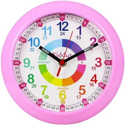Imagen de Kiddus Reloj de Pared Pedagógico Infantil para Niña, Niño. Analógico y Silencioso. Aprende la Hora con Nuestro Fácil Sistema Time Teacher. Ejercicios Incluídos. Diseñado en Barcelona