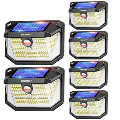 Imagen de TECKNET Luz Solar Exterior, 231 LED/300 Iluminación (Ilumina 35㎡) Brillo Alto Luces Solares con Sensor de Movimiento, 3 Modes IP65 Impermeable Focos Led para Jardín, Garaje, Patio, 6 Paquete
