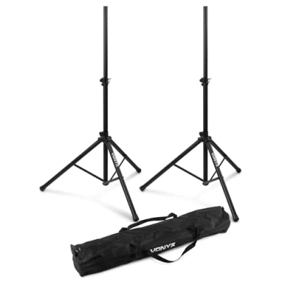 Imagen de Vonyx LS01K Pareja de tripodes para Altavoces, con Funda Transporte, Capacidad Carga máxima 30 kg, Pasador fijación Seguro, Ideal Altavoces Vaso (Tophat) 35 mm, Altura MAX 1,75m.