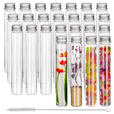 Imagen de Kurtzy Tubos de Ensayo Plástico Transparente con Tapa Rosca y Cepillo Limpieza (Pack 25) 110 ml Probetas Plastico para Almacenar Golosinas, Fiesta Ciencias, Líquidos, Sal Baño, Cuentas
