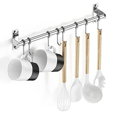 Imagen de Lesfit Barra Cocina Utensilios, 40 cm Inoxidable Montaje en Pared Colgador Organizador con 8 Ganchos de Ollas y Sartenes, Adhesiva sin Taladro