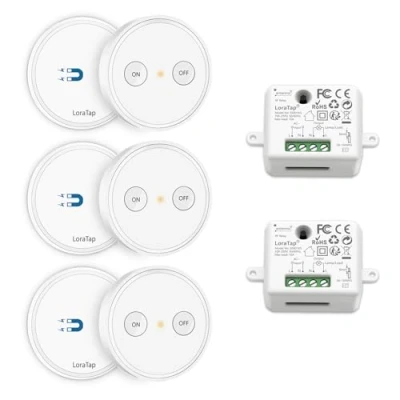 Imagen de LoraTap Kit de 2 Interruptor Inalámbricas + 3 Mandos, Mando a Distancia, Inalámbrico, Receptores Relé Control Remoto Radio 200m 2500W para Luz Iluminación Electrodomésticos