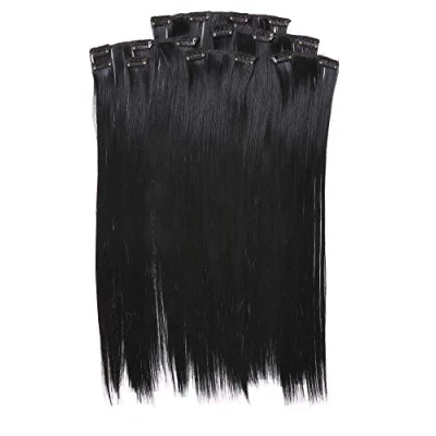 Imagen de Prettyland no electrostática Extensión de cabello, Peluca lisa a 50 cm larga con 7 piezas negro profundo 01