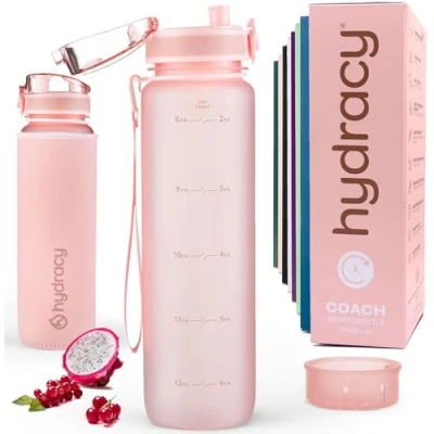 Imagen de Hydracy Botella de Agua con Marcador Tiempo 1 L Deportiva sin BPA Gimnasio Antifugas Funda Antitranspirante e Colador Infusión