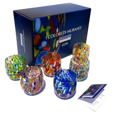 Imagen de MAZZEGA ART &amp; DESIGN 6 vasos goto agua de cristal soplados y hechos a mano con Murrine Murano refinados originales Los colores Modelo &quot;Classic 320 ml. Made in Italy