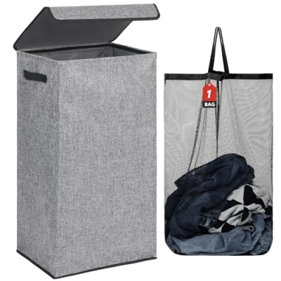 Imagen de DOKEHOM 100L Cesto para la Ropa con Tapa y Bolsas Removibles, Gran de Plegable Dormitorio, Baño, Lavandería, Universidad (Gris)