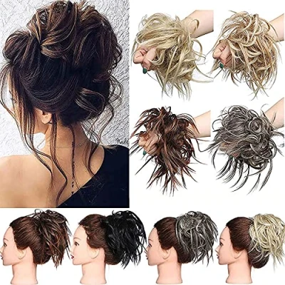 Imagen de Natural Extensiones de cabello sintético con moño desordenado onduladas ondulado Updo Hair Extension Scrunchie Marrón medio